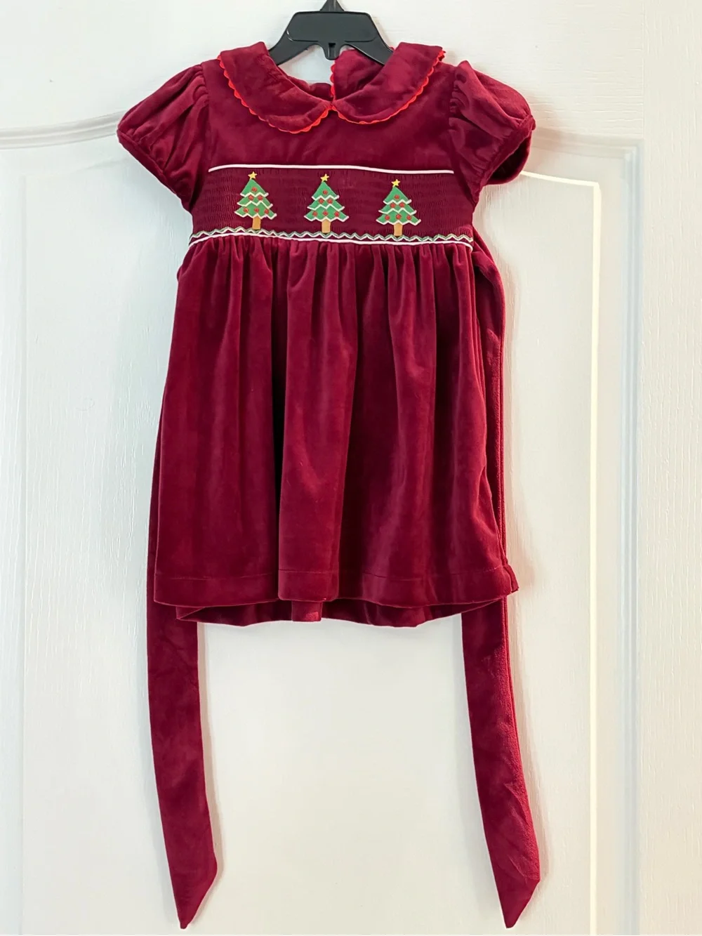 Girls' Burgundy Velvet Holiday Dress with Tree Smocking